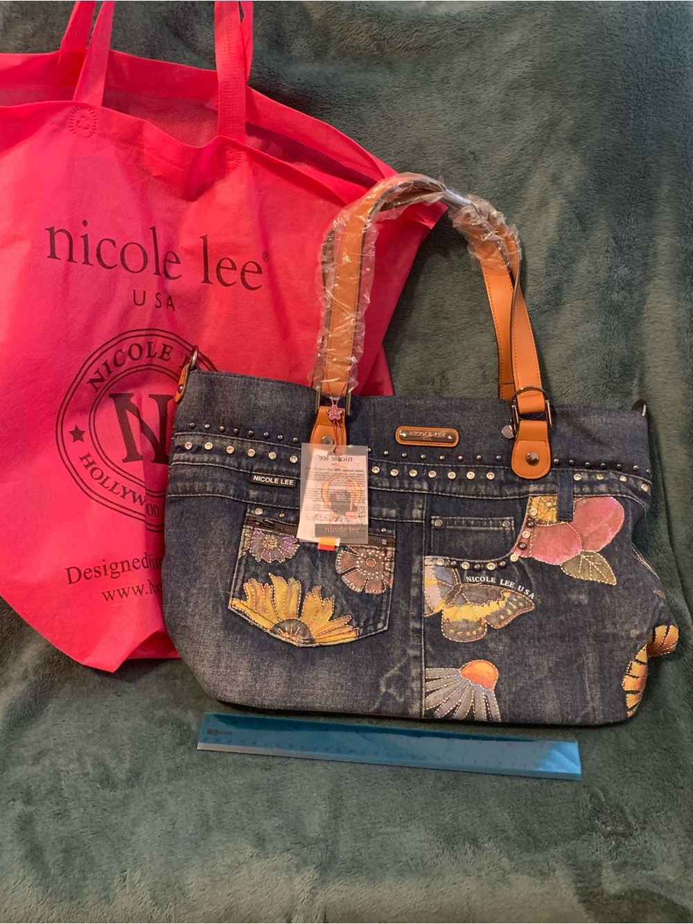Nicole Lee Denim Floral Tote Bag in Blue